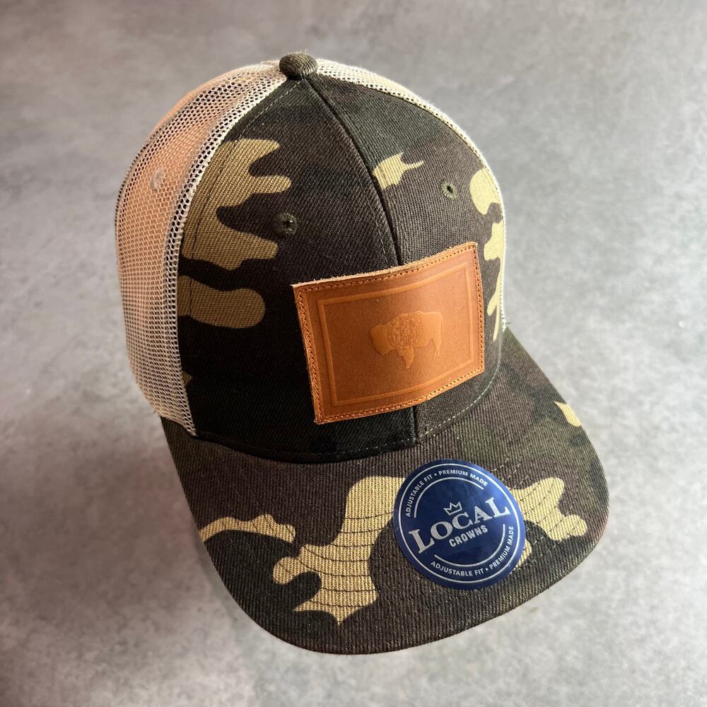 USA Bison Leather Patch Trucker Green Camo Snapback Cap Local Crowns NWT